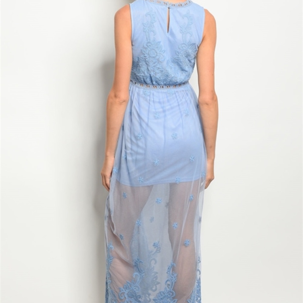 New Light Blue V Neck Side Slit Lace Maxi Dress - Picture 3 of 7